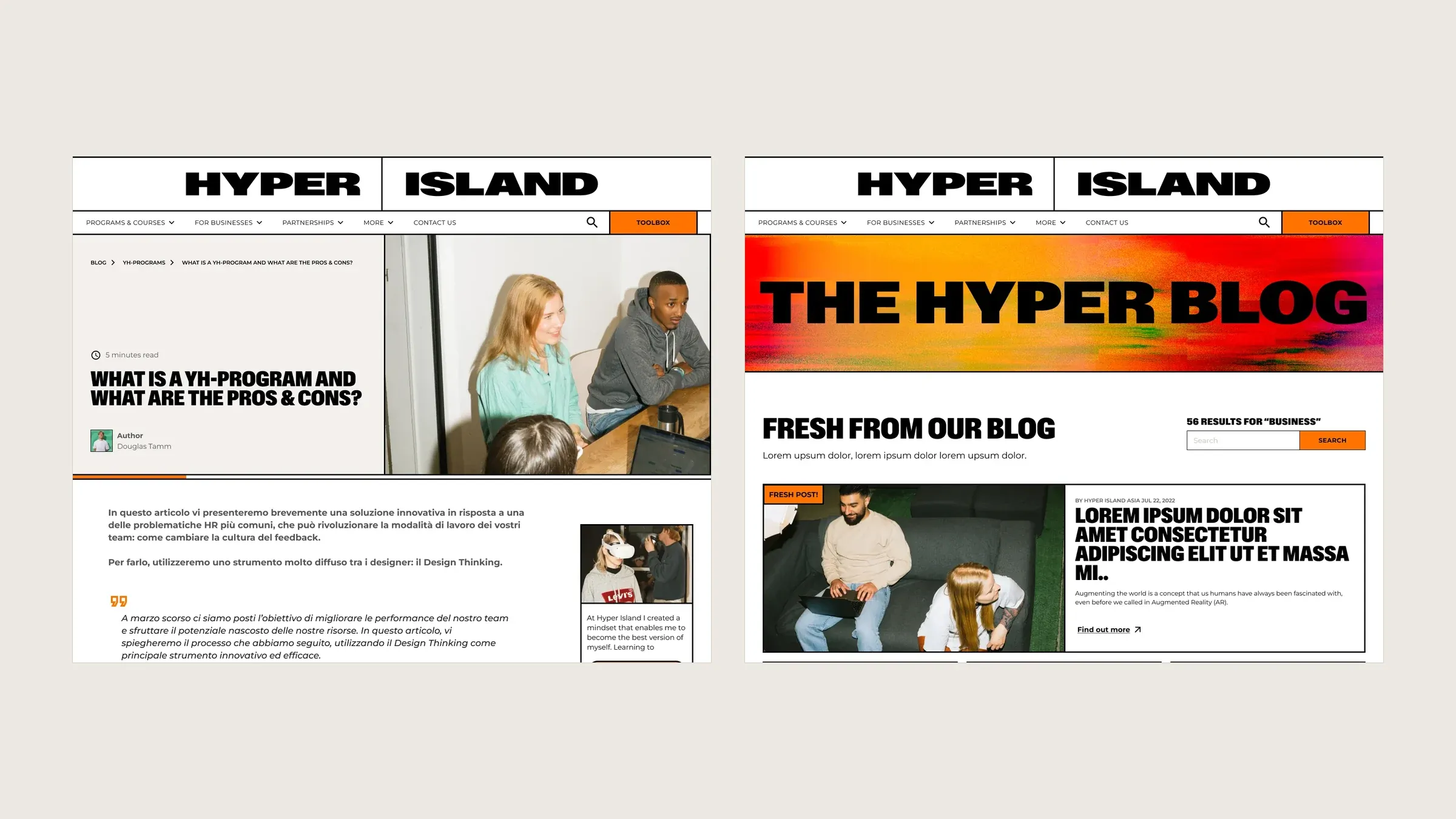 Two blog pages side by side: an article and The Hyper Blog