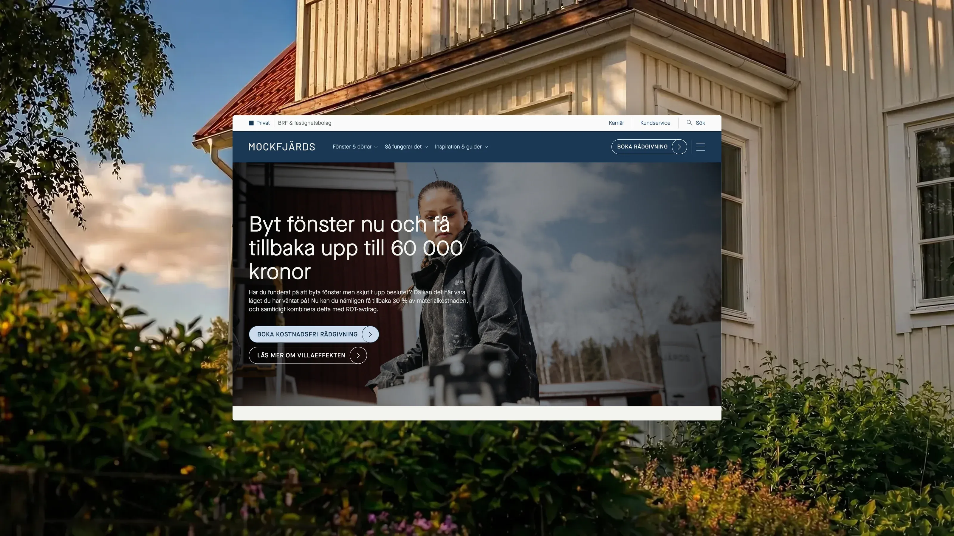 Mockfjärds startsida över ett foto av ett vitt trähus