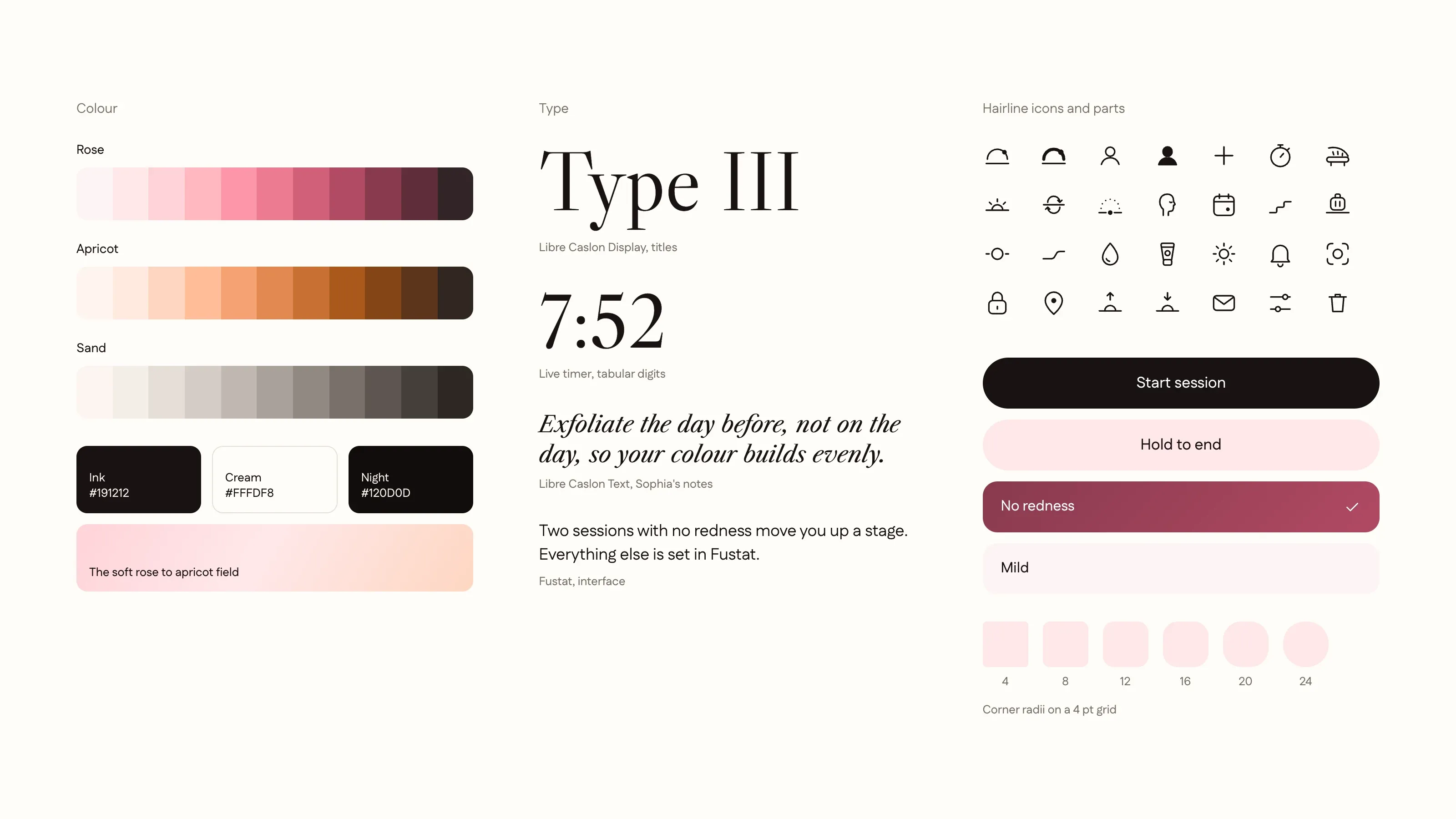 Designsystemet: färgskalor i rosa, aprikos och sand, typsnitten Libre Caslon och Fustat, ikoner med tunna linjer, knappar, svarsrader och hörnradier.