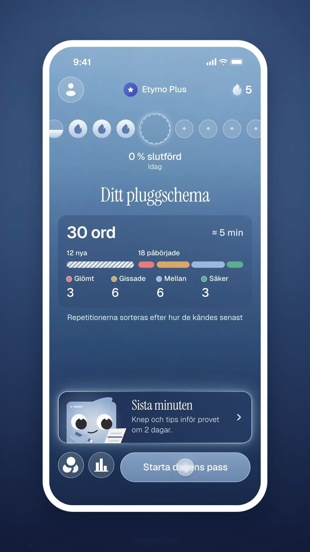 ETYMO Hem: dagens pluggschema, 30 ord fördelade efter hur väl du kan dem