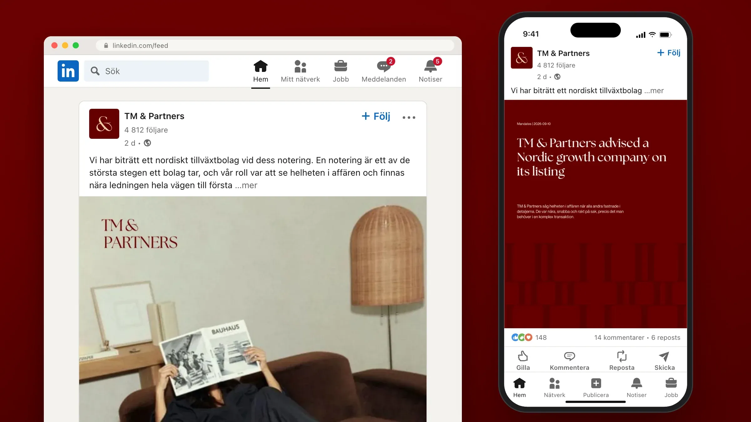 TM & Partners posts on LinkedIn, in the desktop feed and the app