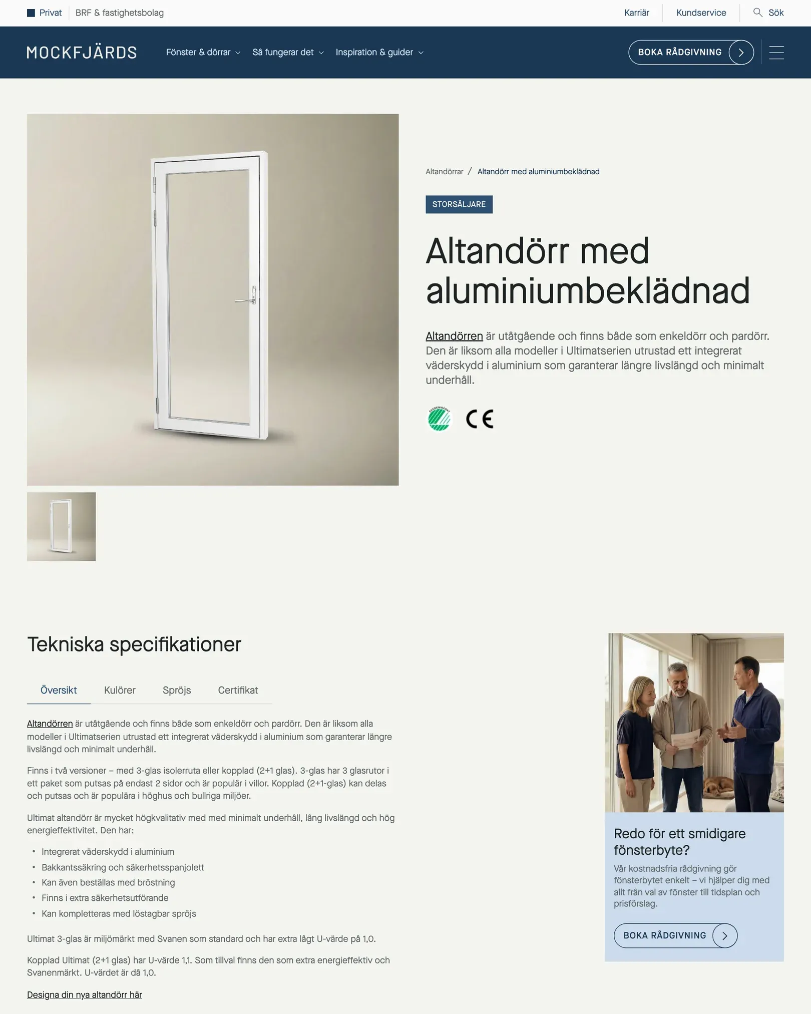 A Mockfjärds product page: the patio door with its specifications and the advice card