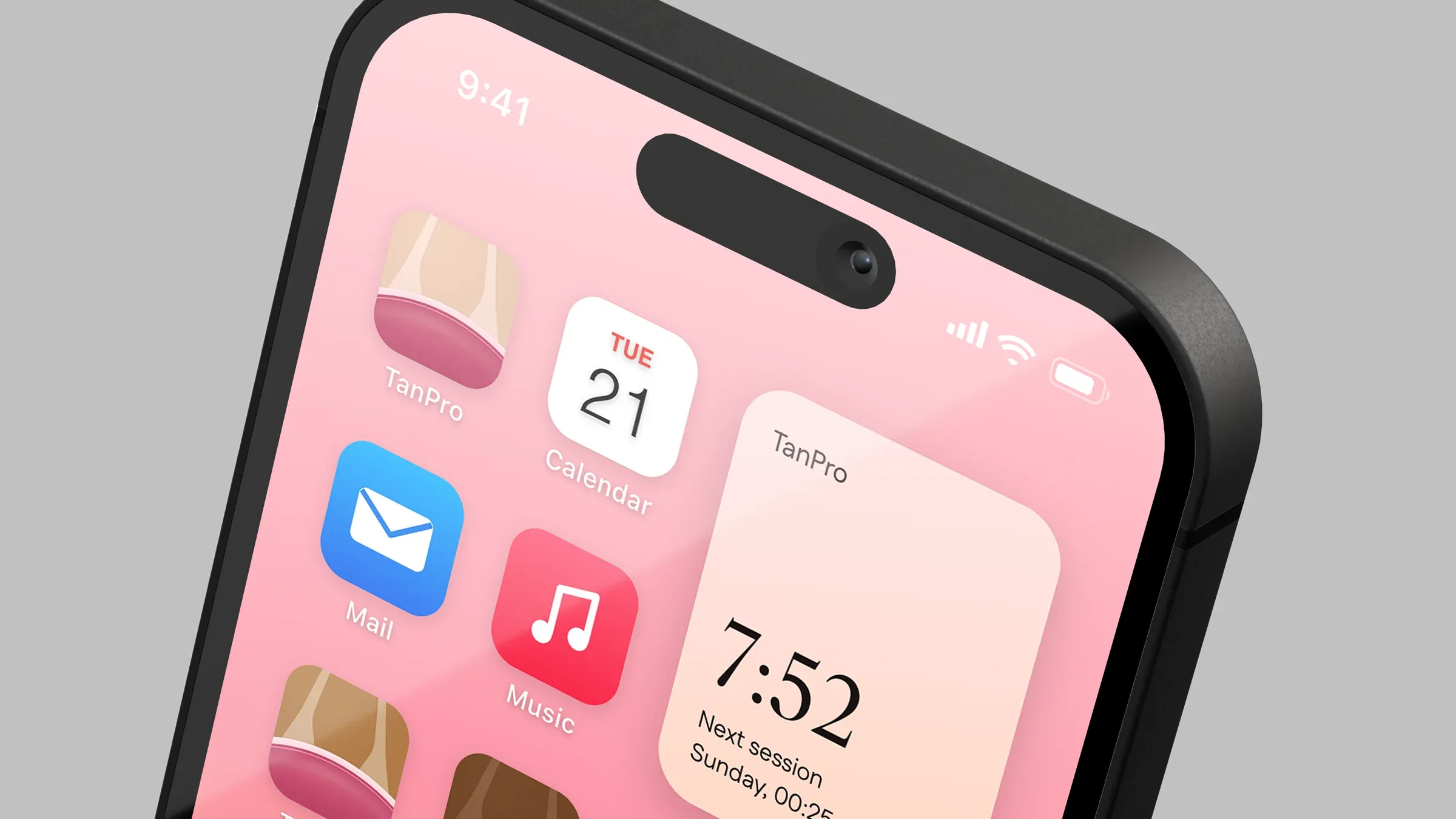 TanPro on the home screen: the skin-tone icons and the timer widget