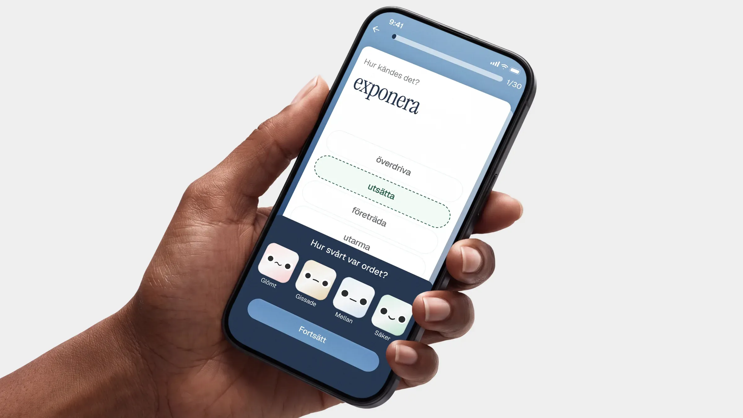 Rating a word in Etymo, on a phone held in one hand