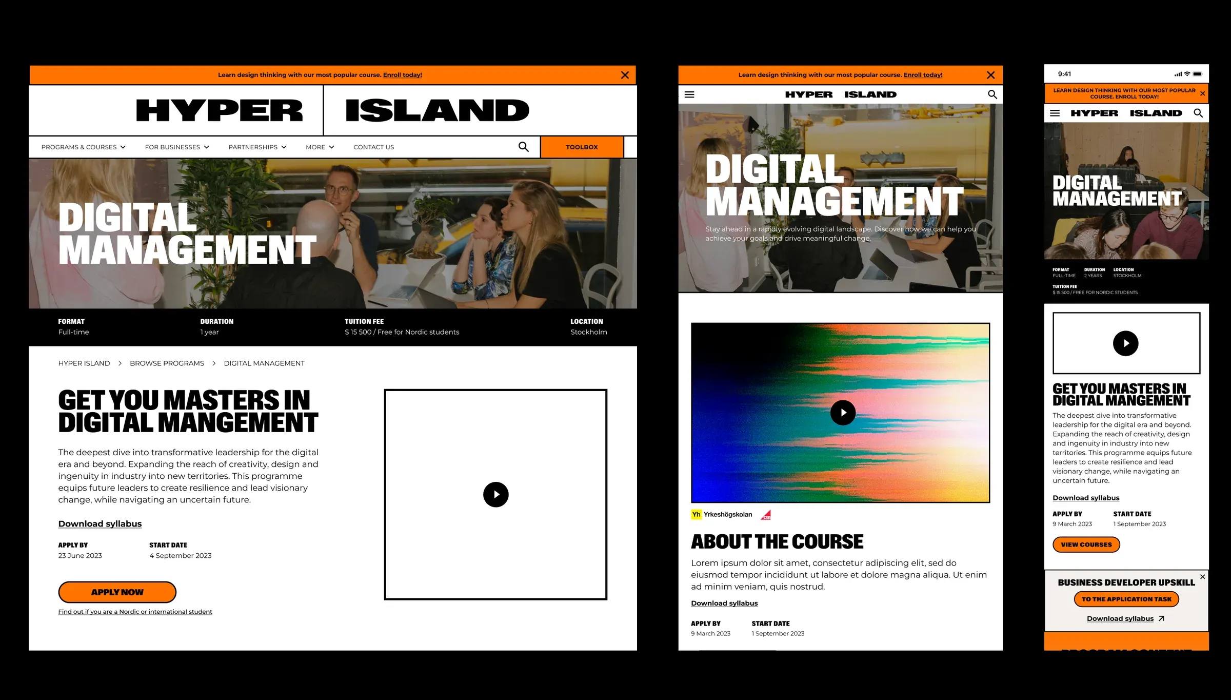 A Hyper Island course page on desktop, tablet and phone